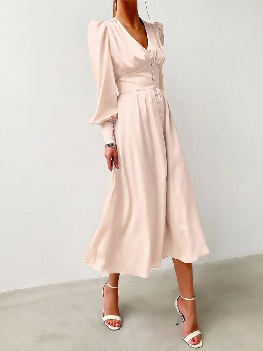 Cocolii robe longue en satin v-cou boutonnage manches bishop manches longues femme élégant vintage de soirée pour mariage