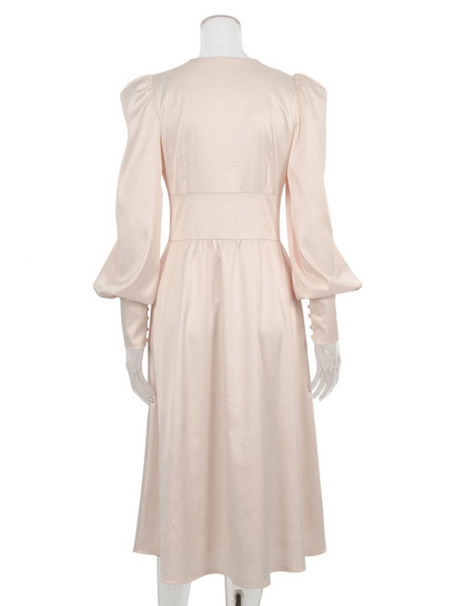 Cocolii robe longue en satin v-cou boutonnage manches bishop manches longues femme élégant vintage de soirée pour mariage