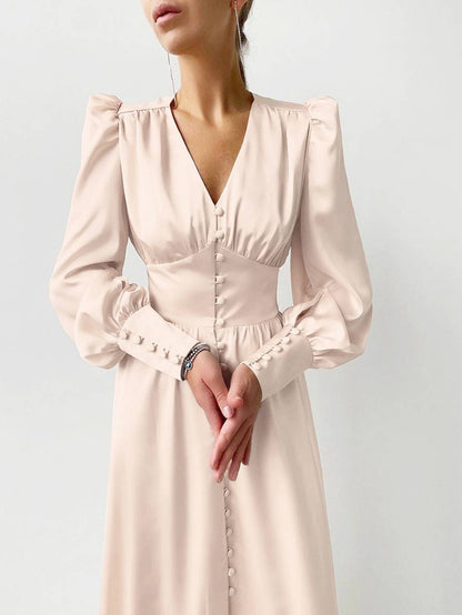 Cocolii robe longue en satin v-cou boutonnage manches bishop manches longues femme élégant vintage de soirée pour mariage