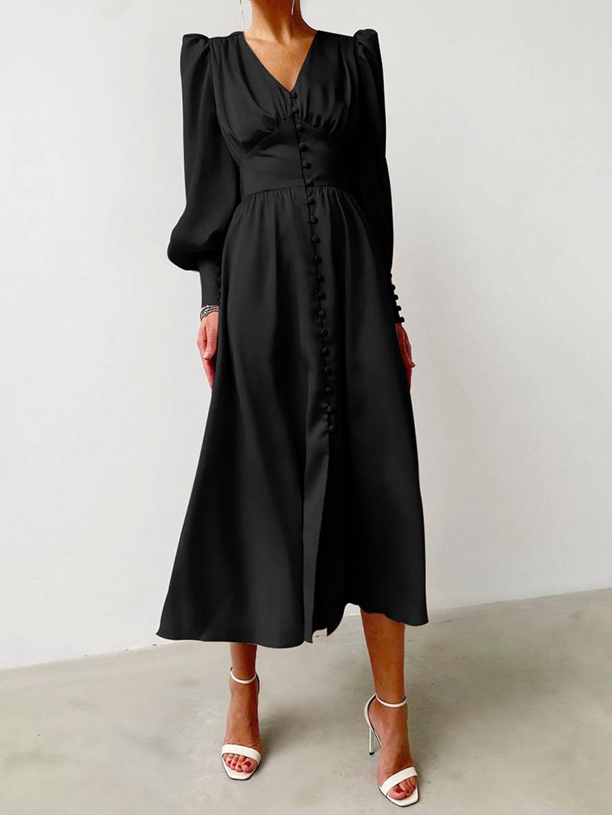 Cocolii robe longue en satin v-cou boutonnage manches bishop manches longues femme élégant vintage de soirée pour mariage