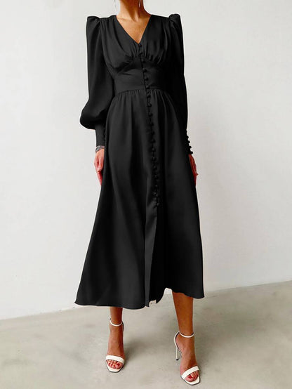 Cocolii robe longue en satin v-cou boutonnage manches bishop manches longues femme élégant vintage de soirée pour mariage