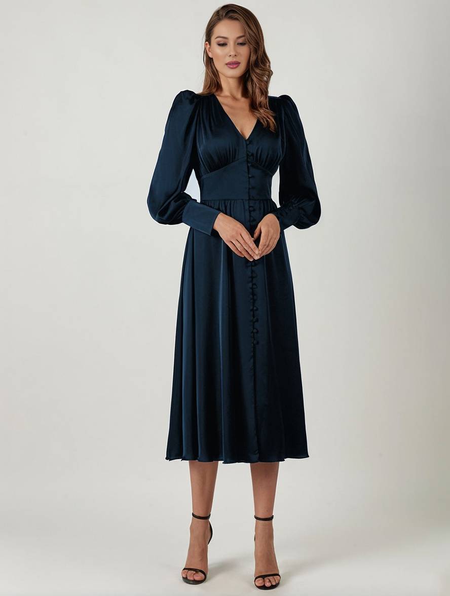 Cocolii robe longue en satin v-cou boutonnage manches bishop manches longues femme élégant vintage de soirée pour mariage