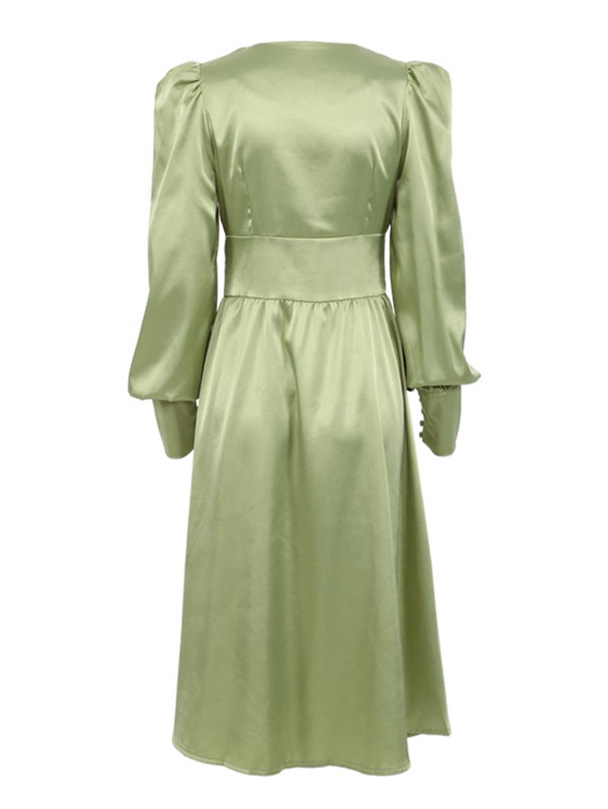 Cocolii robe longue en satin v-cou boutonnage manches bishop manches longues femme élégant vintage de soirée pour mariage