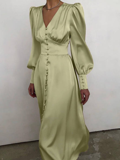 Cocolii robe longue en satin v-cou boutonnage manches bishop manches longues femme élégant vintage de soirée pour mariage