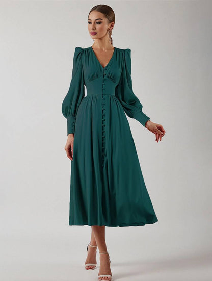 Cocolii robe longue en satin v-cou boutonnage manches bishop manches longues femme élégant vintage de soirée pour mariage