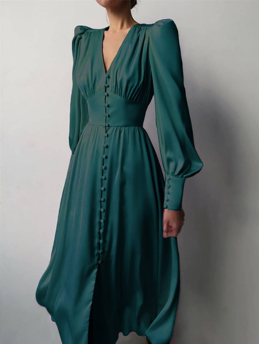 Cocolii robe longue en satin v-cou boutonnage manches bishop manches longues femme élégant vintage de soirée pour mariage