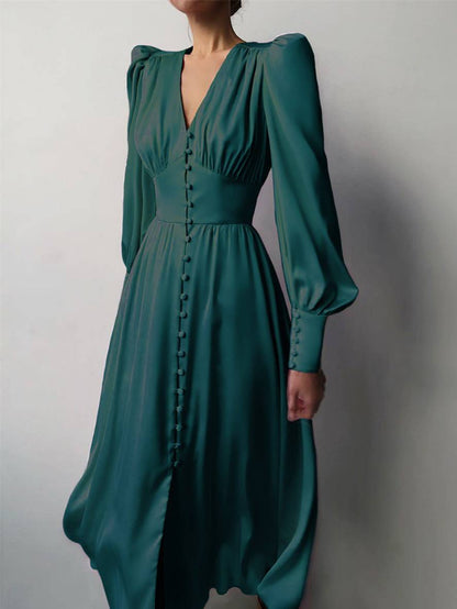 Cocolii robe longue en satin v-cou boutonnage manches bishop manches longues femme élégant vintage de soirée pour mariage