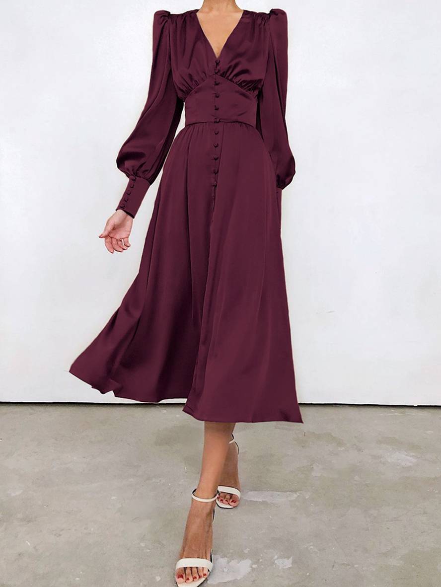 Cocolii robe longue en satin v-cou boutonnage manches bishop manches longues femme élégant vintage de soirée pour mariage