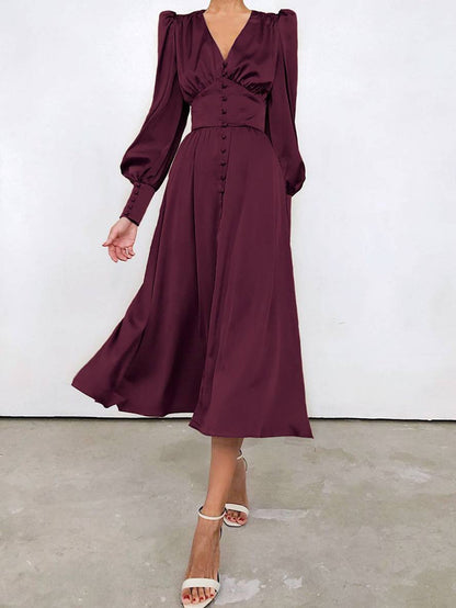 Cocolii robe longue en satin v-cou boutonnage manches bishop manches longues femme élégant vintage de soirée pour mariage