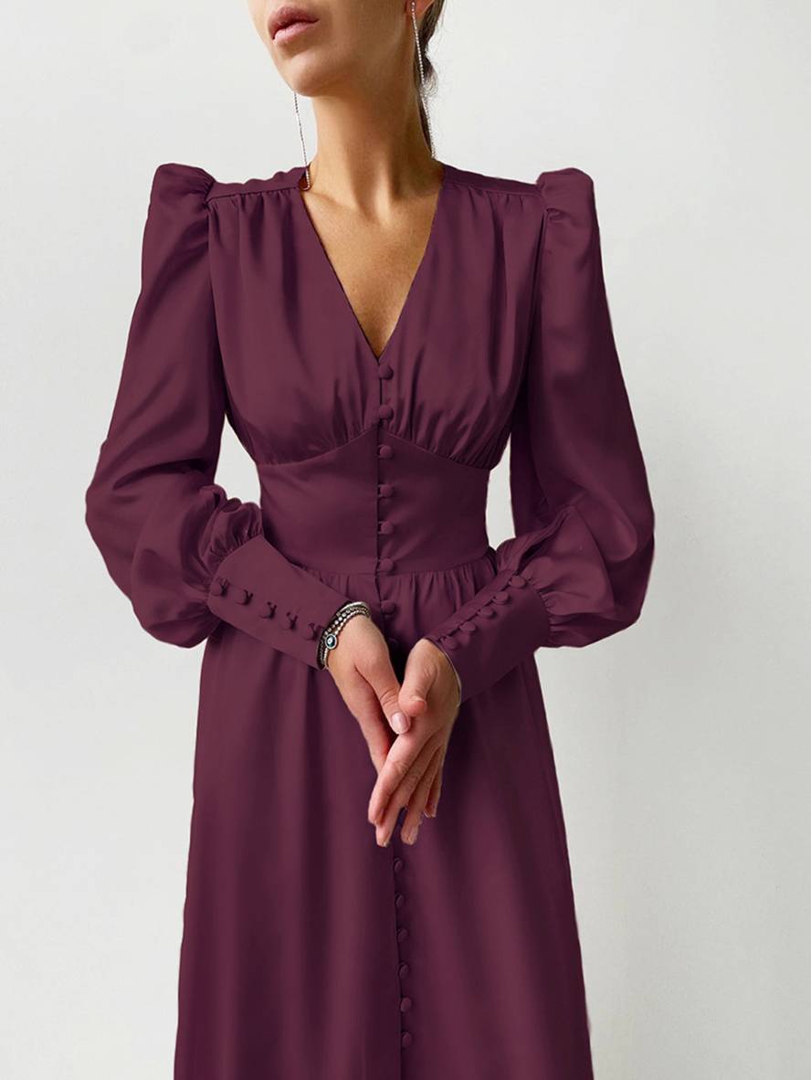 Cocolii robe longue en satin v-cou boutonnage manches bishop manches longues femme élégant vintage de soirée pour mariage