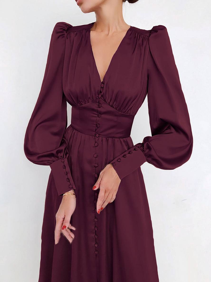 Cocolii robe longue en satin v-cou boutonnage manches bishop manches longues femme élégant vintage de soirée pour mariage