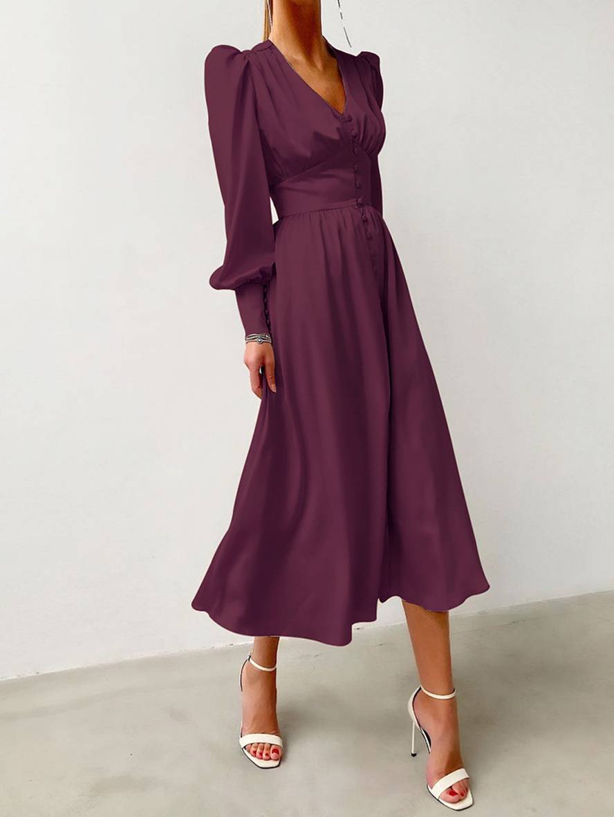 Cocolii robe longue en satin v-cou boutonnage manches bishop manches longues femme élégant vintage de soirée pour mariage