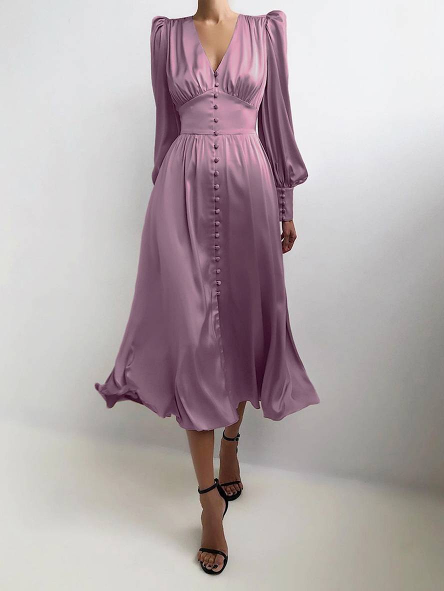 Cocolii robe longue en satin v-cou boutonnage manches bishop manches longues femme élégant vintage de soirée pour mariage