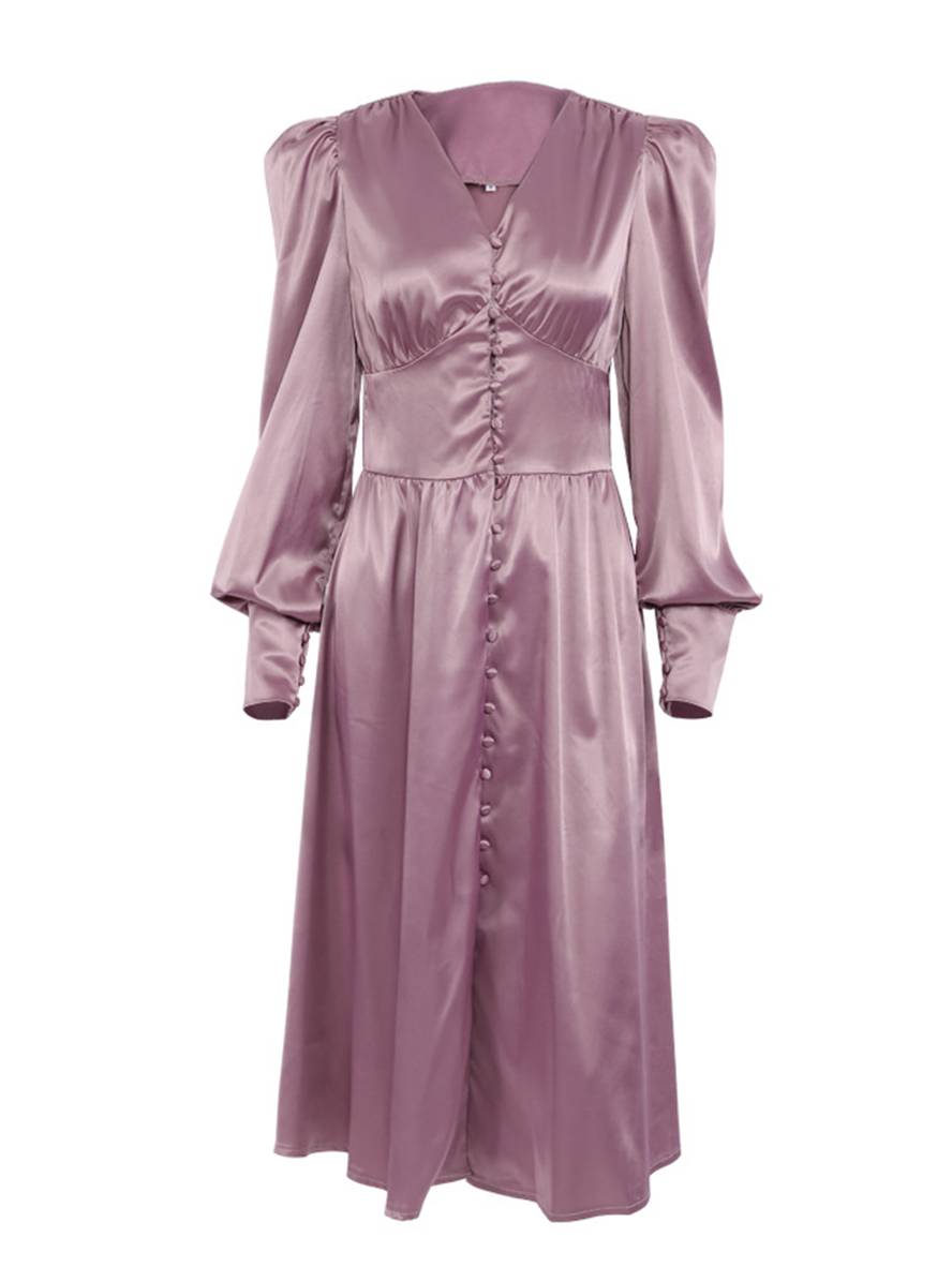 Cocolii robe longue en satin v-cou boutonnage manches bishop manches longues femme élégant vintage de soirée pour mariage