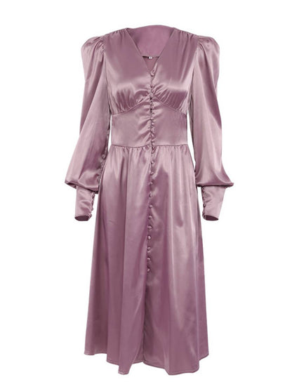 Cocolii robe longue en satin v-cou boutonnage manches bishop manches longues femme élégant vintage de soirée pour mariage