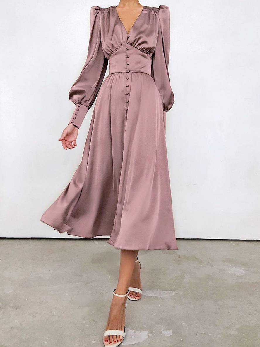 Cocolii robe longue en satin v-cou boutonnage manches bishop manches longues femme élégant vintage de soirée pour mariage