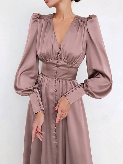 Cocolii robe longue en satin v-cou boutonnage manches bishop manches longues femme élégant vintage de soirée pour mariage