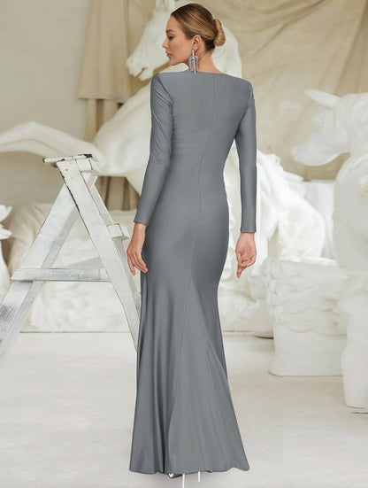 Cocolii robe longue moulante unicolore col rond manches longues femme élégant de soirée invité mariage