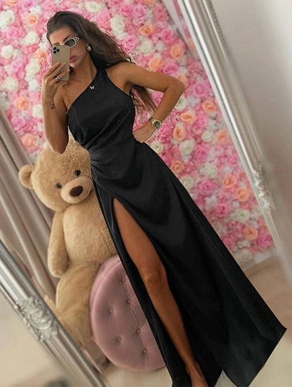 Cocolii robe longue en satin moulante une épaule fendu le côté dos nu sans manches femme élégant de soirée