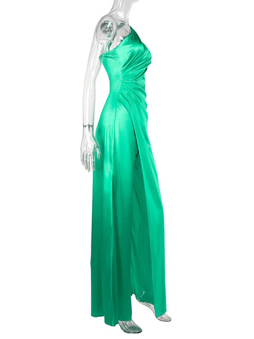 Cocolii robe longue en satin moulante une épaule fendu le côté dos nu sans manches femme élégant de soirée