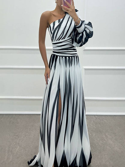 Cocolii robe longue imprimé zèbre fendu le côté fluide une épaule femme élégant de soirée bal de promo