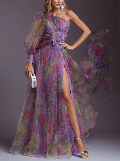 Cocolii robe longue imprimé à fleurie mousseline tulle fendu le côté une épaule femme élégant décontracté de soirée