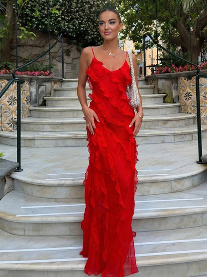 Cocolii robe longue moulante mousseline fendu à volantée décolleté dos à fines brides v-cou sans manches femme de soirée mariage