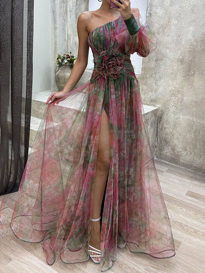 Cocolii robe longue imprimé à fleurie tulle fendu une épaule manches bishop manches longues femme élégant de soirée