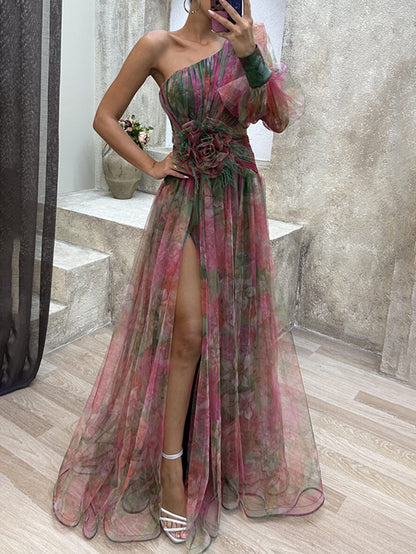 Cocolii robe longue imprimé à fleurie tulle fendu une épaule manches bishop manches longues femme élégant de soirée