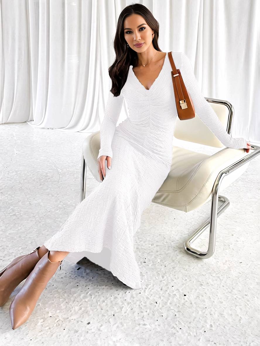 Cocolii robe longue moulante sirene robe v-cou manches longues femme élégant décontracté bal de promo