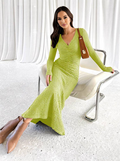 Cocolii robe longue moulante sirene robe v-cou manches longues femme élégant décontracté bal de promo