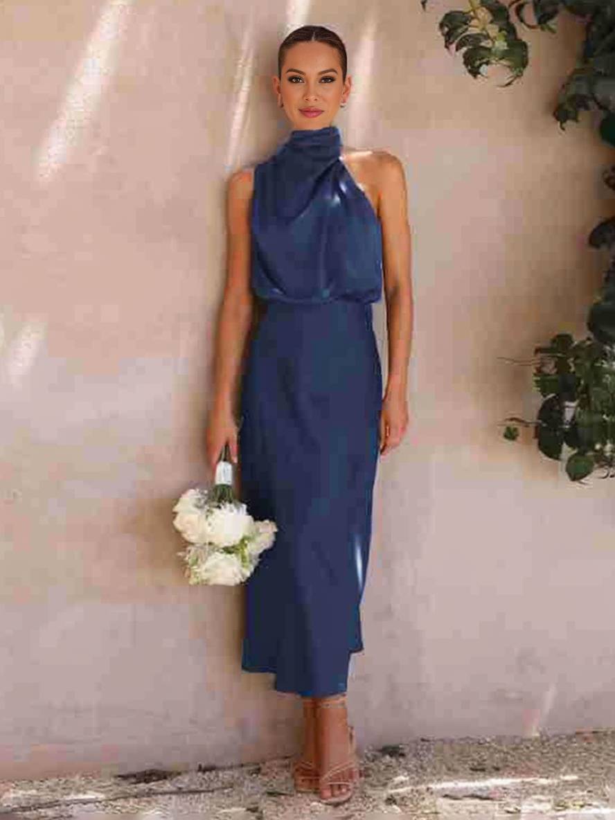 Cocolii longue robe demoiselle d'honneur en satin irrégulière col roulé licou sans manches femme élégant de soirée pour mariage