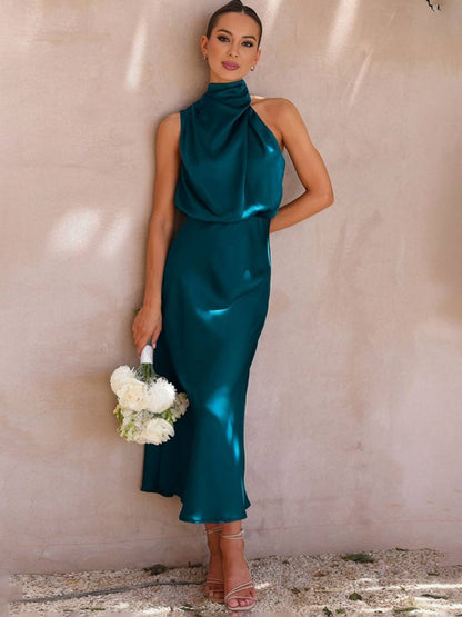 Cocolii longue robe demoiselle d'honneur en satin irrégulière col roulé licou sans manches femme élégant de soirée pour mariage