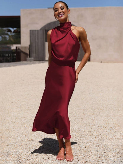 Cocolii longue robe demoiselle d'honneur en satin irrégulière col roulé licou sans manches femme élégant de soirée pour mariage