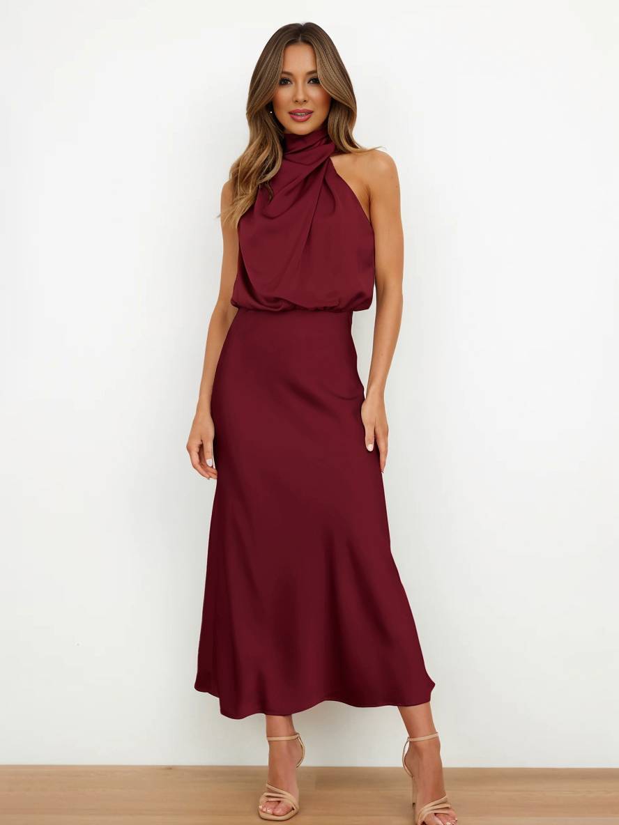 Cocolii longue robe demoiselle d'honneur en satin irrégulière col roulé licou sans manches femme élégant de soirée pour mariage