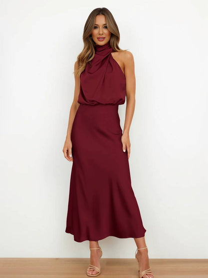 Cocolii longue robe demoiselle d'honneur en satin irrégulière col roulé licou sans manches femme élégant de soirée pour mariage