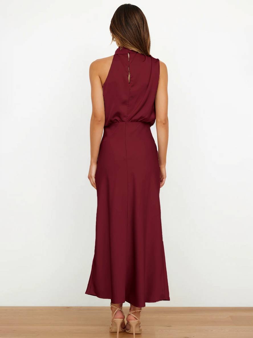 Cocolii longue robe demoiselle d'honneur en satin irrégulière col roulé licou sans manches femme élégant de soirée pour mariage