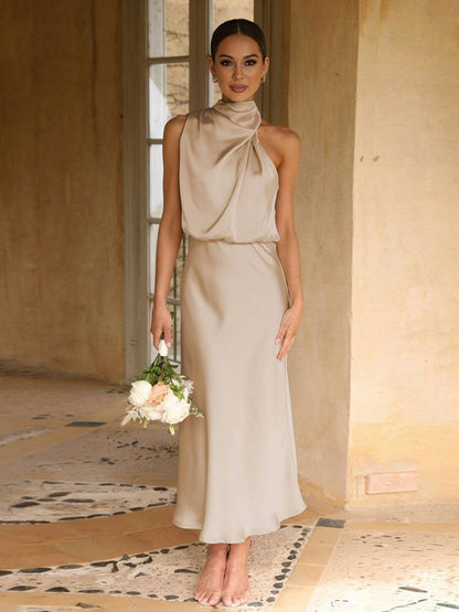 Cocolii longue robe demoiselle d'honneur en satin irrégulière col roulé licou sans manches femme élégant de soirée pour mariage