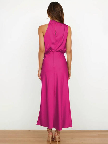 Cocolii longue robe demoiselle d'honneur en satin irrégulière col roulé licou sans manches femme élégant de soirée pour mariage