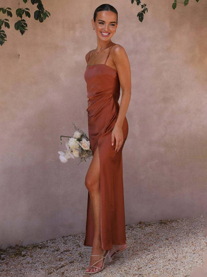 Cocolii robe demoiselle d'honneur satin moulante fendu à fines brides femme élégant de soirée pour mariage champetre