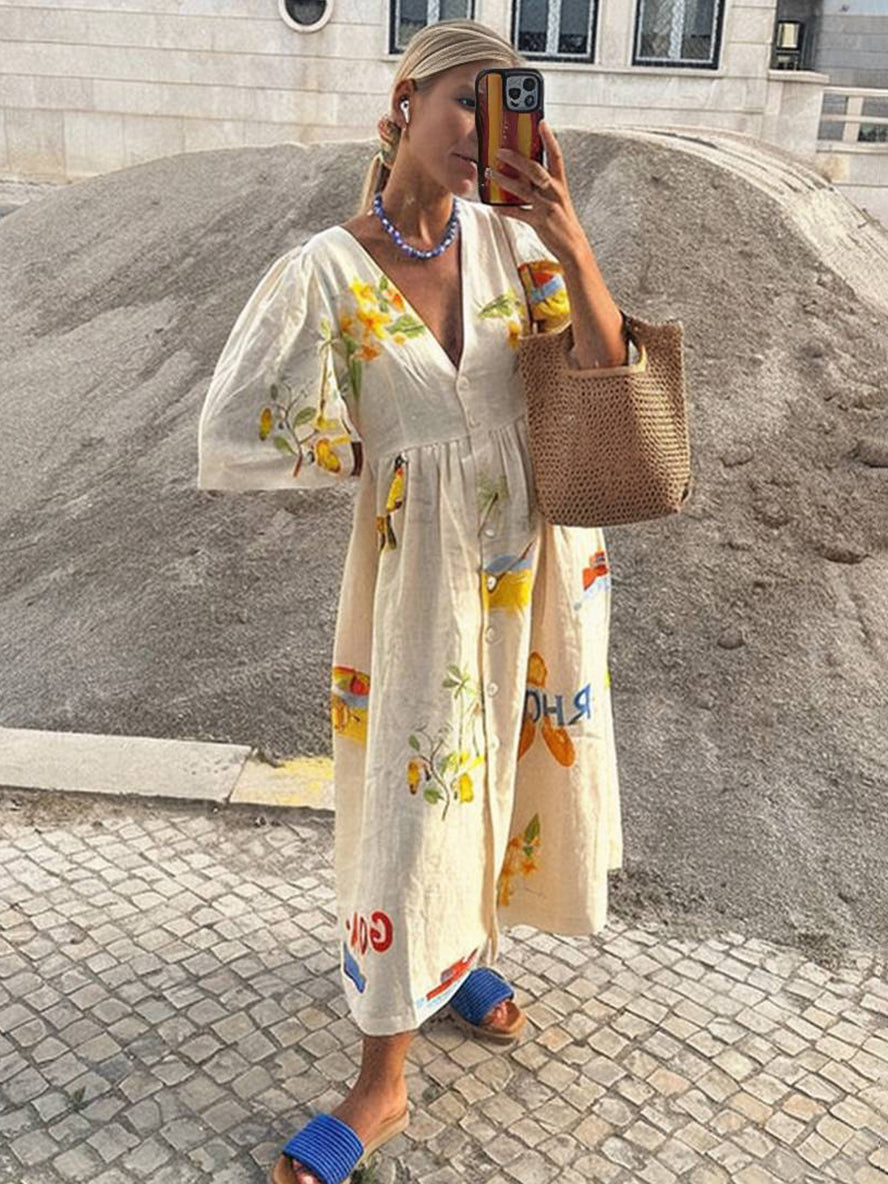 Cocolii robe longue en lin imprimé unique v-cou boutonnage manches bouffantes manches courtes femme décontracté lâche casual d'été