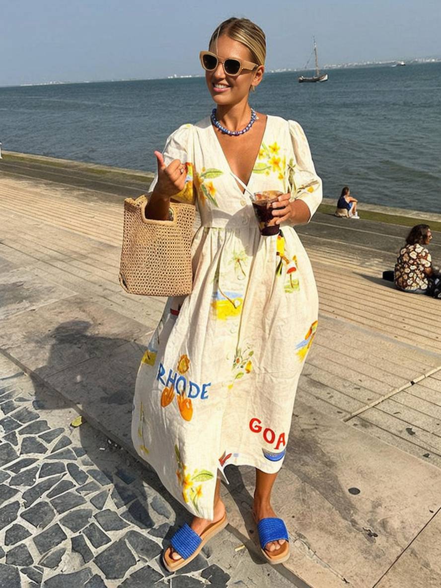 Cocolii robe longue en lin imprimé unique v-cou boutonnage manches bouffantes manches courtes femme décontracté lâche casual d'été