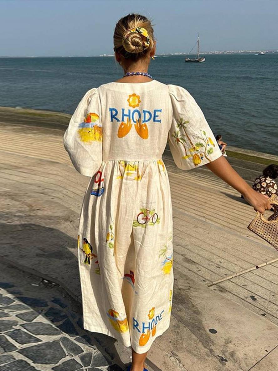 Cocolii robe longue en lin imprimé unique v-cou boutonnage manches bouffantes manches courtes femme décontracté lâche casual d'été