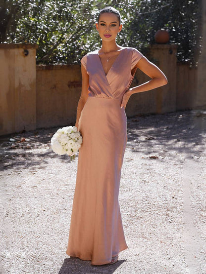 Cocolii robe en satin robe demoiselle d'honneur moulante sirene v-cou mancherons femme élégant de soirée pour mariage