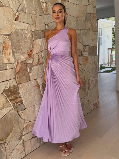 Cocolii robe longue trapèze plissé une épaule sans manches femme élégant bal de promo invité mariage de cocktail