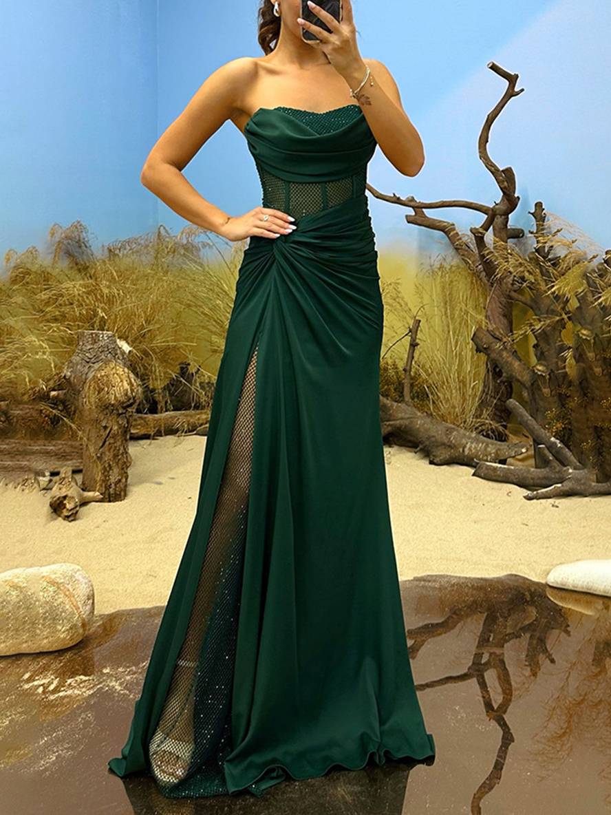 Cocolii robe longue moulante bustier sans manches nœud fendu le côté tulle femme élégant de soirée pour mariage