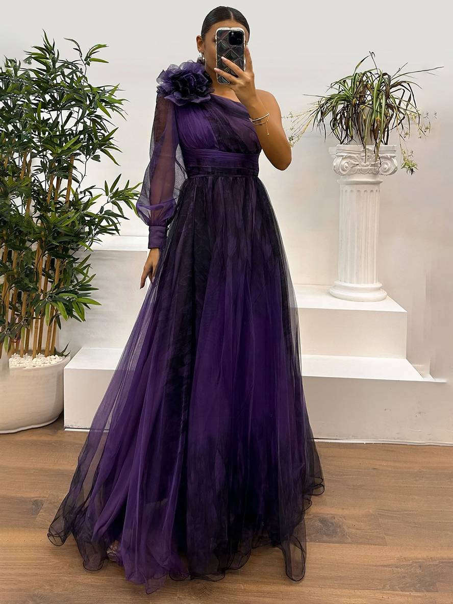 Cocolii robe longue imprimé à fleurie tulle fendu le côté une épaule manches longues femme élégant de soirée bal de promo