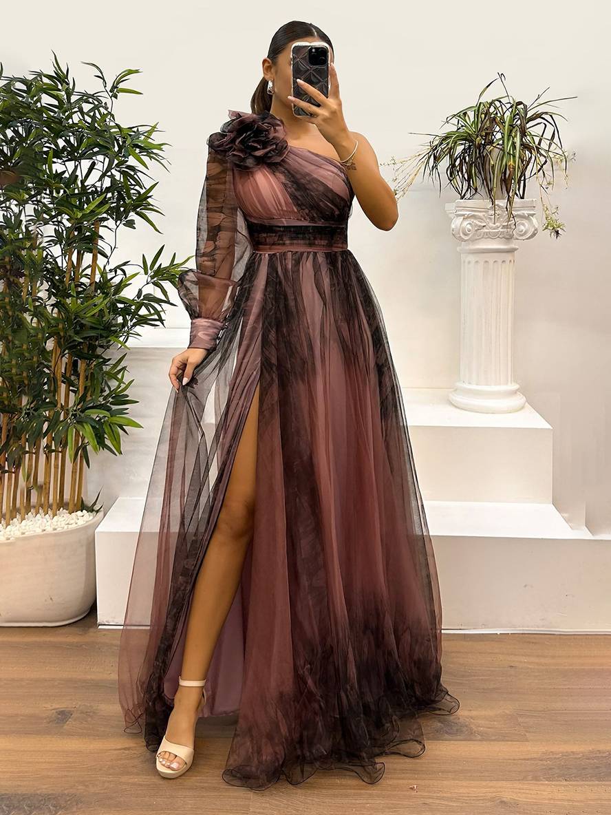 Cocolii robe longue imprimé à fleurie tulle fendu le côté une épaule manches longues femme élégant de soirée bal de promo