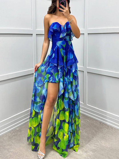 Cocolii robe longue imprimé à fleurie tulle fendu le côté bustier dos nu sans manches femme élégant de plage