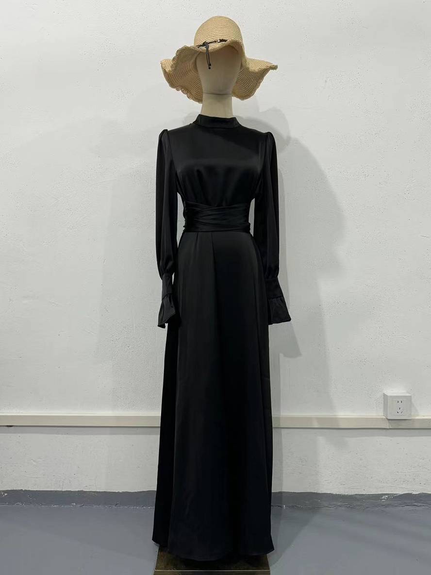 Cocolii robe longue en satin col roulé à volantée manches bouffantes femme doux élégant de soirée anniversaire cérémonie